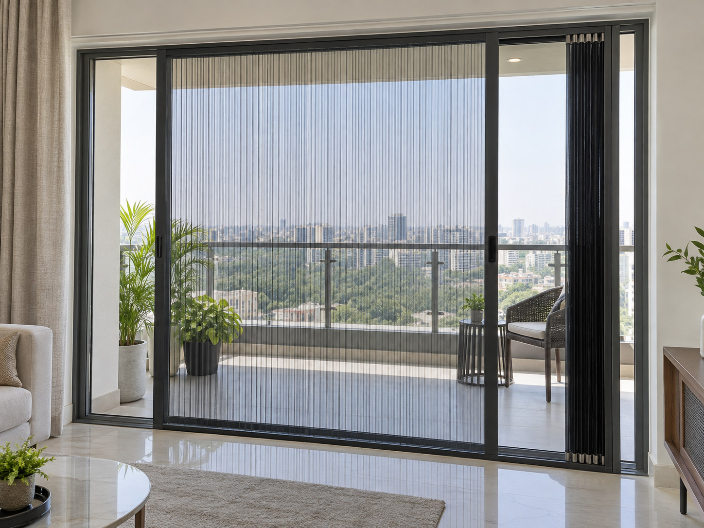 Aluminium mosquito mesh installed on a balcony door