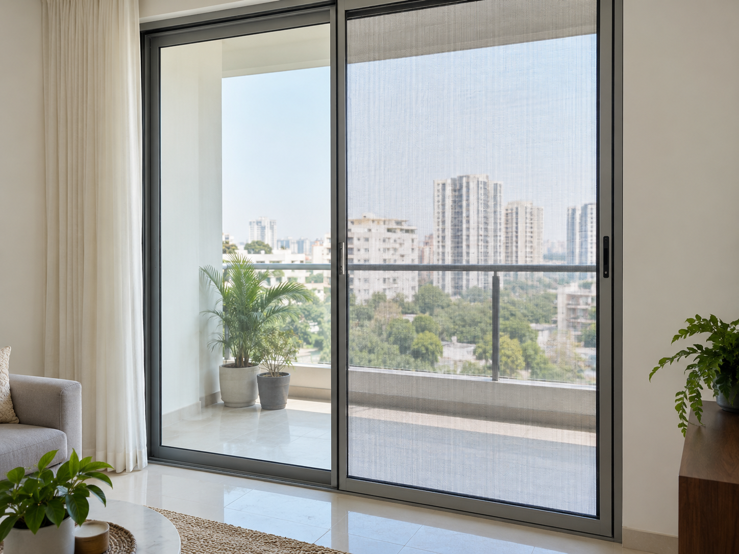 Pleated mosquito mesh installed on a balcony door